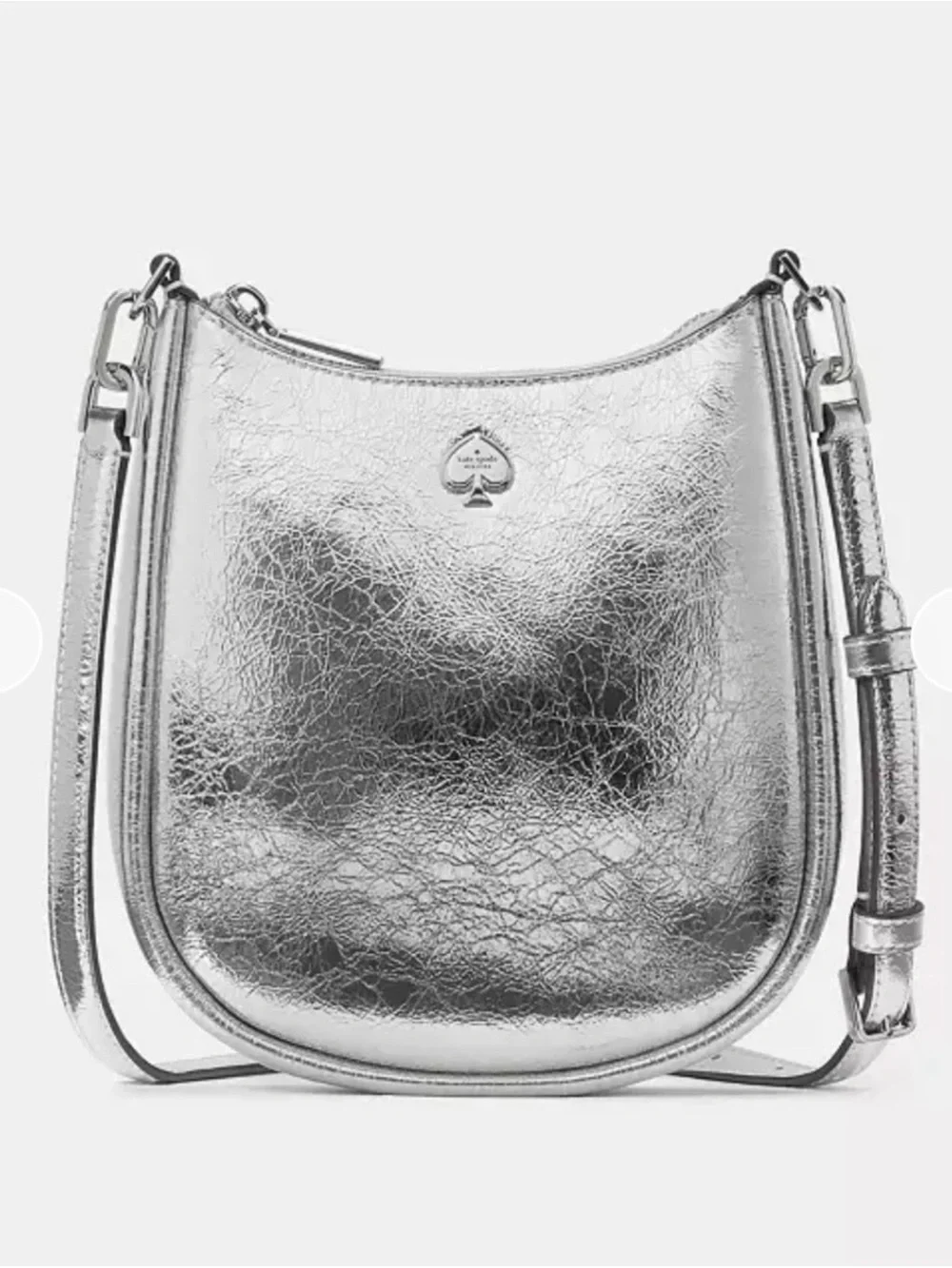 Kate Spade Kayla Small Swingpack Metallic Silver Leather Crossbody Bag. NWOT.